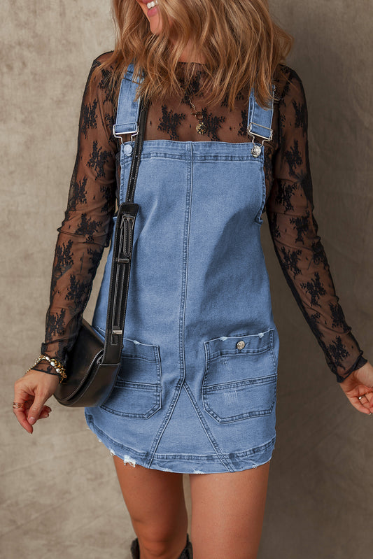 Dusk Blue Pocketed Adjustable Straps Denim Overall Dress