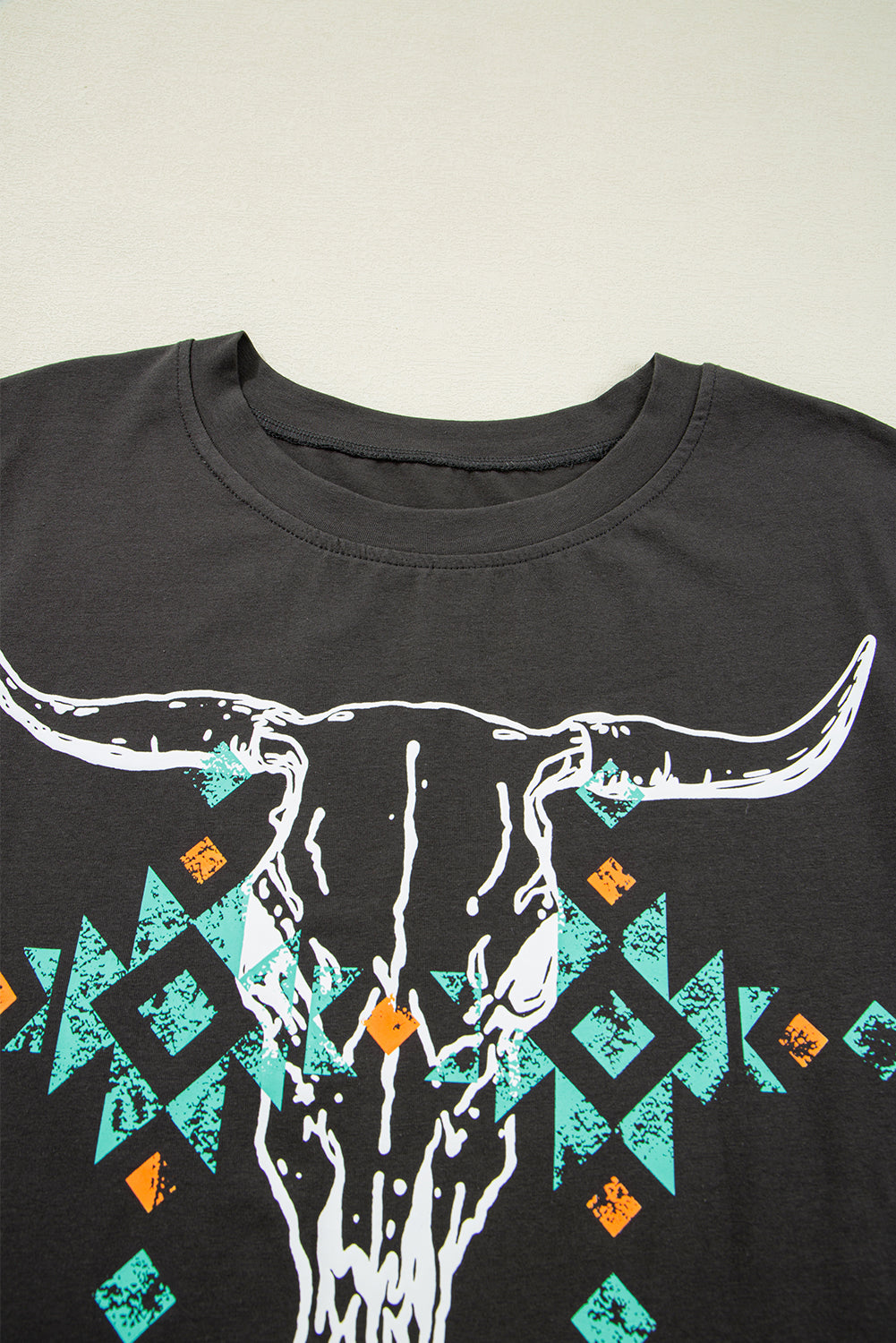 Carbon Grey Vintage Western Bull Head Skull Turquoise Aztec Graphic T Shirt